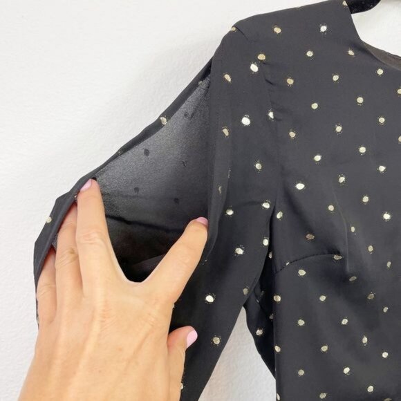 Gianni Bini Black & Gold Polka Dot Dress Size Small Bow Sleeve Ruffle Hem NWT - Picture 7 of 11